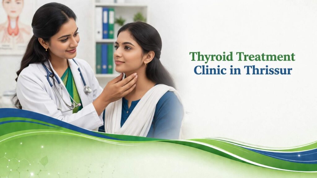 Doctor examining thyroid gland of a woman at thyroid treatment clinic in Thrissur