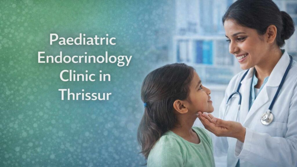 Pediatric endocrinologist examining a child during consultation at a clinic in Thrissur