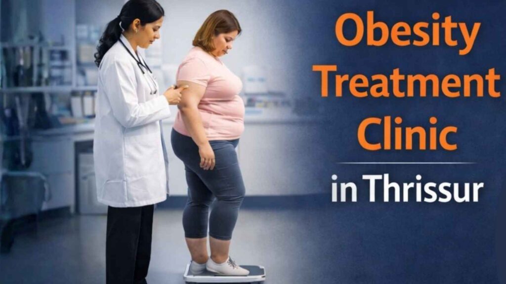 Doctor monitoring weight of an obese patient during consultation at an obesity treatment clinic in Thrissur